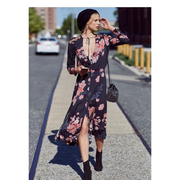 Free People Miranda Boho Floral Button Up Long Sleeve Midi Dress Size 12 - Picture 1 of 17